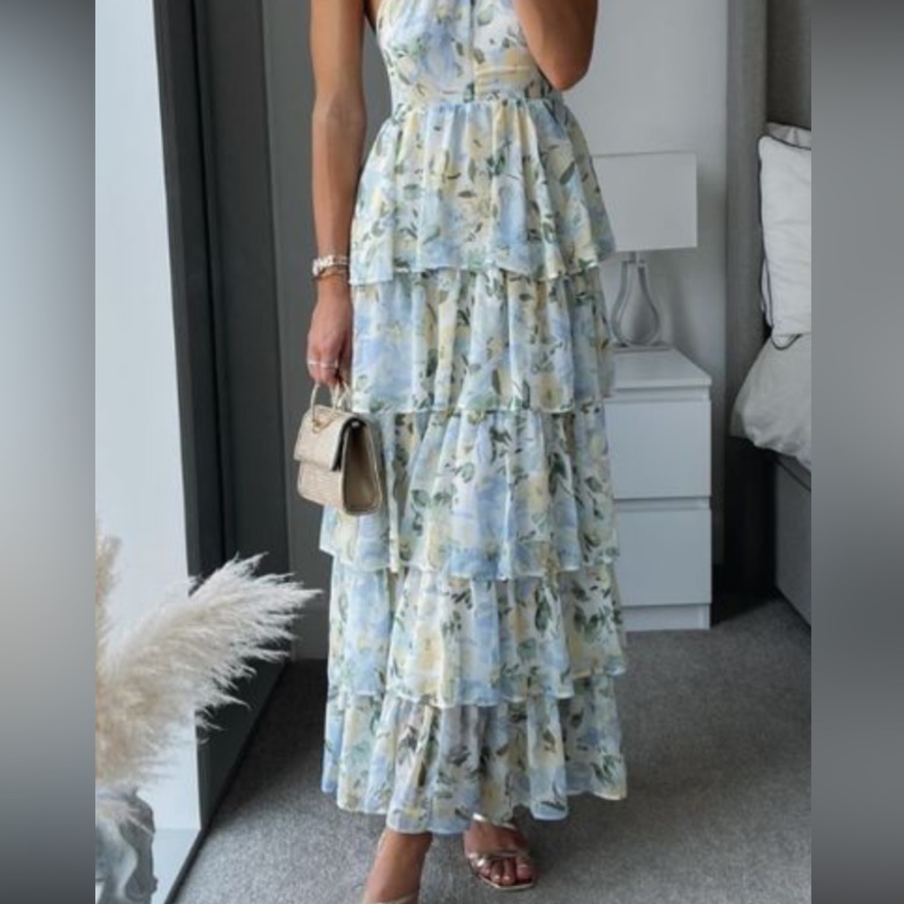 Floral Tiered V-Neck Maxi Dress in Yellow & Light Blue - Picture 6 of 7